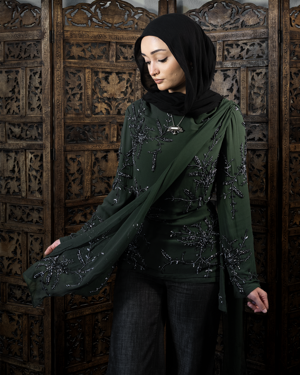 SUNDUS TOP AND SCARF SET / DEEP GREEN